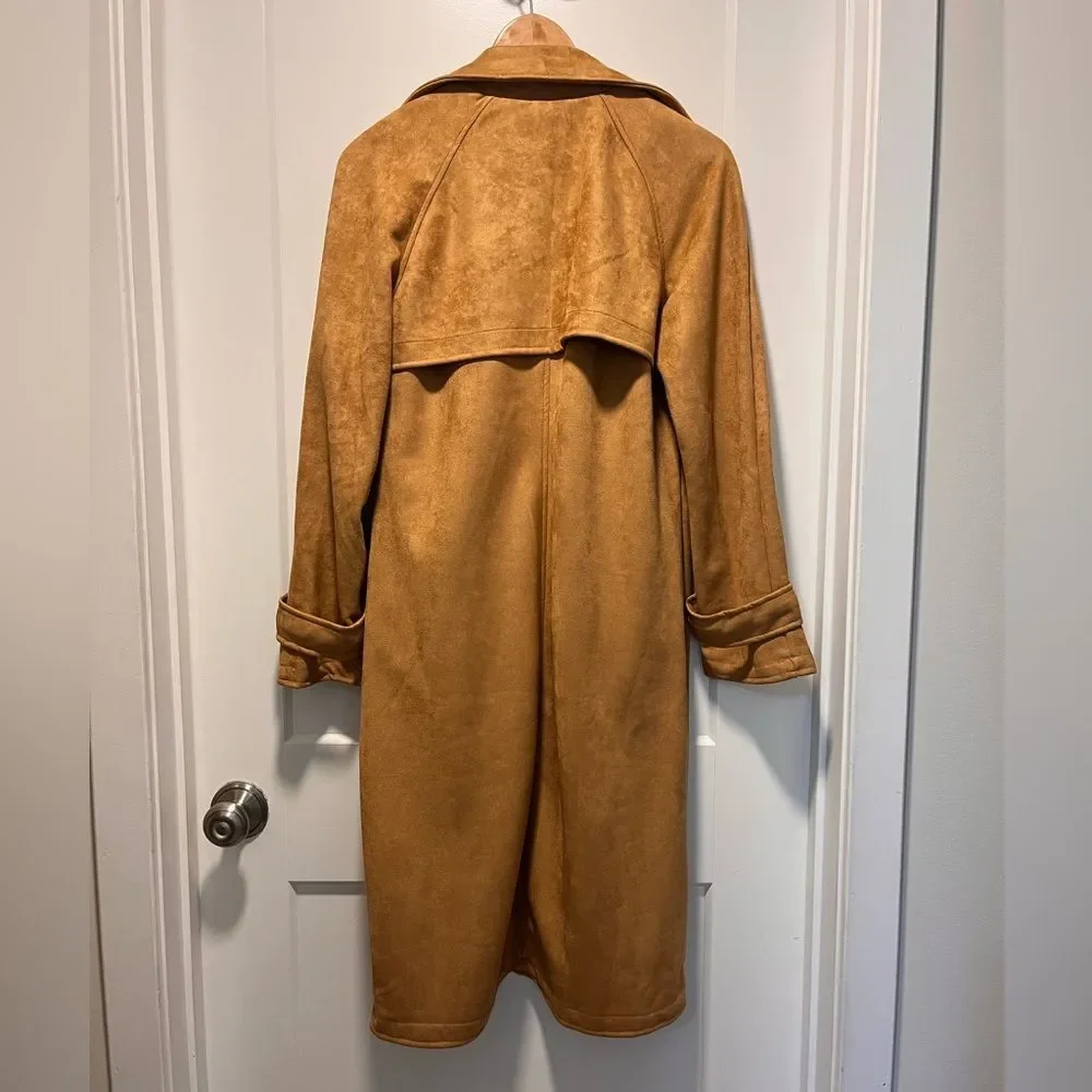 OOKIE & LALA Women's Faux Suede Trench Coat Tan Small